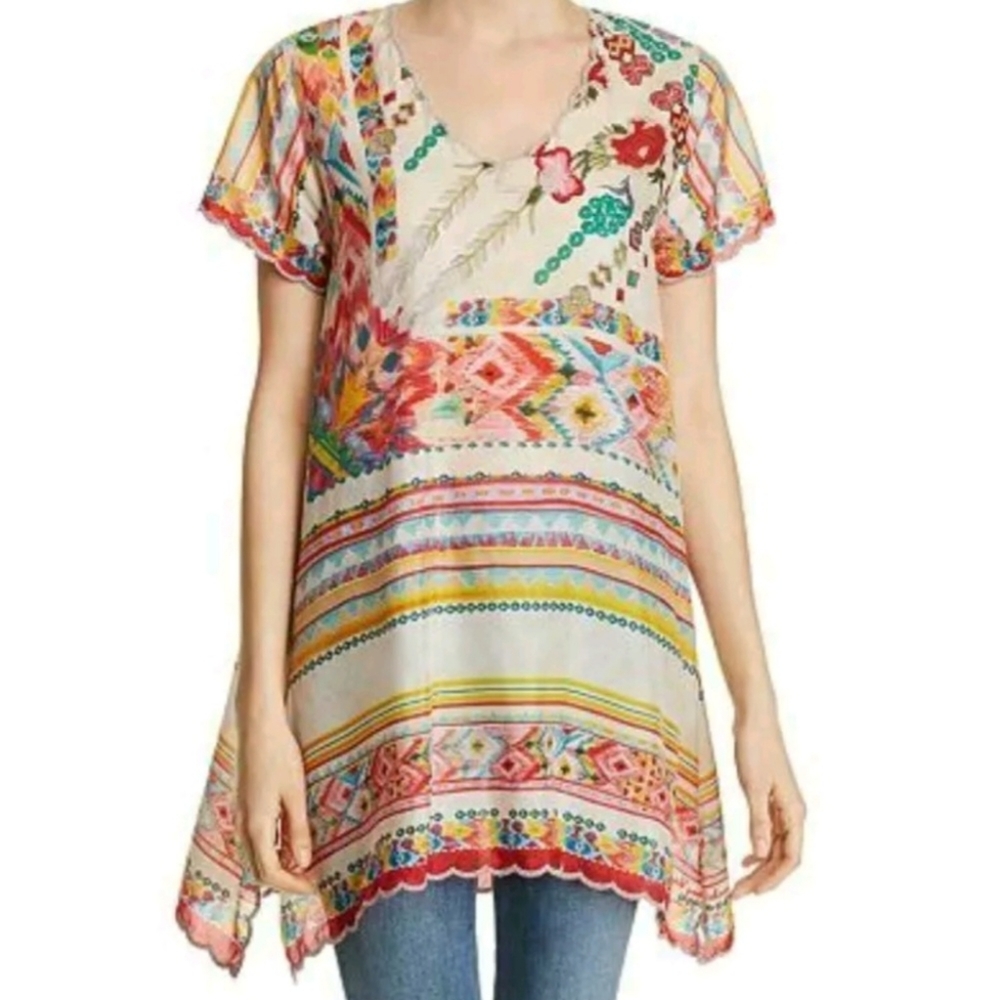 NWOT Johnny Was Tulum Short-Sleeve Silk Georgette Tunic w/ Scallop Trim